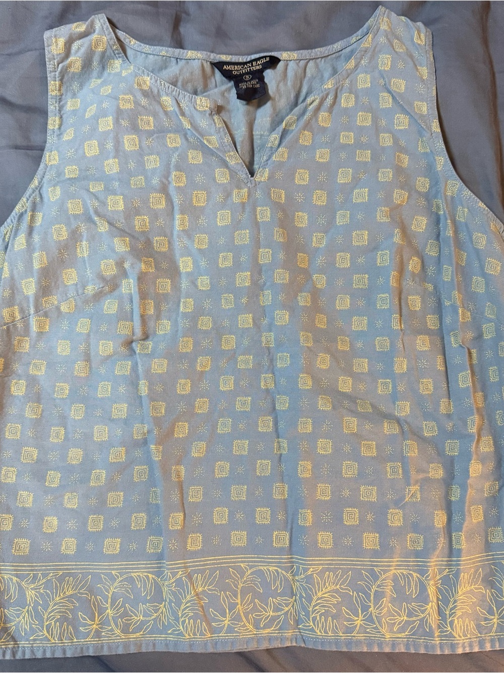 Vintage Y2K American Eagle Boho 100% Cotton Tank Top Blue Yellow Geometric